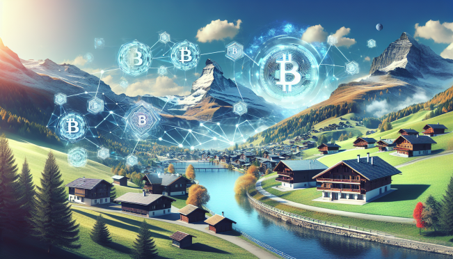 A futuristic Swiss landscape with digital currencies and blockchain symbols integrated into the scenery, representing the blend of tradition and innovation in the financial sector.