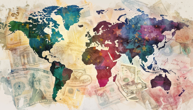 A world map highlighting BRICS countries with symbols representing different currencies fading away, to symbolize the transition towards de-dollarization.