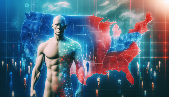 Ray Dalio speaking with a backdrop of a divided United States map, showing red and blue states, with people moving between states. Include subtle elements representing AI and climate change.