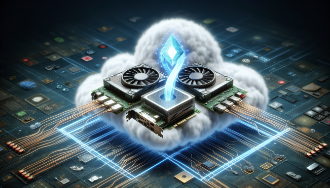 An image illustrating two giant interconnected GPU units hovering above a cloud, with digital streams flowing between them and a backdrop of various gaming icons, symbolizing the partnership between GAIMIN and io.net for cloud gaming infrastructure.