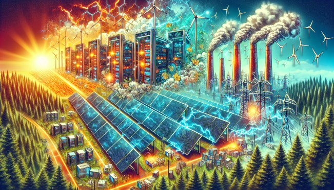 A dynamic illustration showing a Bitcoin mining operation with green energy elements, contrasting with AI data centers consuming high energy, set against a backdrop of environmental themes and policy debate.