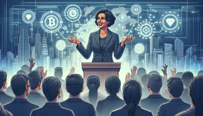 A dynamic scene featuring Kamala Harris engaging with a crowd of digital asset and blockchain enthusiasts, with subtle references to cryptocurrency symbols and tech elements in the background.