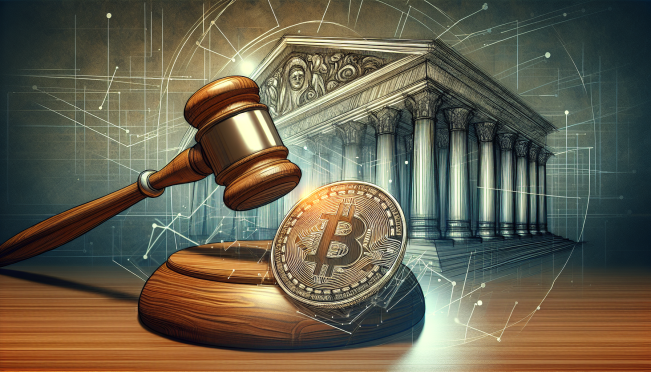 an illustration of a gavel striking down on a cryptocurrency coin, symbolizing regulatory enforcement actions in the crypto market, with the U.S. Capitol building faintly visible in the background