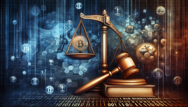 A digital scale balancing a gavel and a cryptocurrency coin, symbolizing the regulatory dispute between the CFTC and KuCoin over leveraged tokens. Background should be a mix of digital and legal motifs.