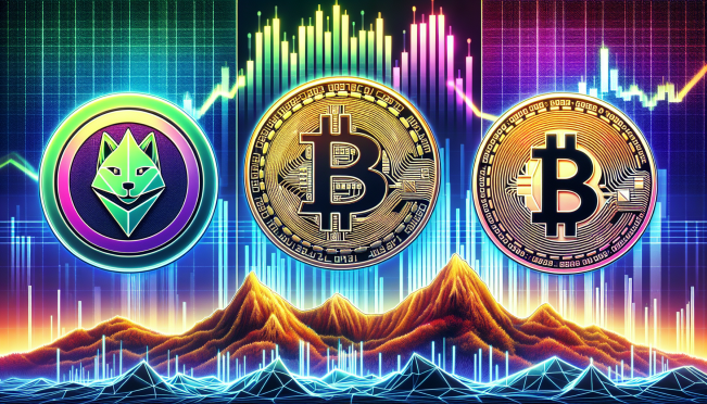 A vibrant collage featuring symbols of NEAR Protocol, Shiba Inu, and Stacks coins against a backdrop of rising graphs and digital landscapes, representing the potential for significant growth in the cryptocurrency market this April.