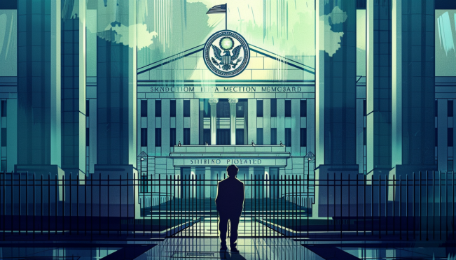 A digital illustration of a large, imposing government building with the SEC emblem prominently displayed, overshadowing a small, shadowy figure representing the eToro platform, symbolizing the regulatory scrutiny and challenges faced by eToro in the Philippines.