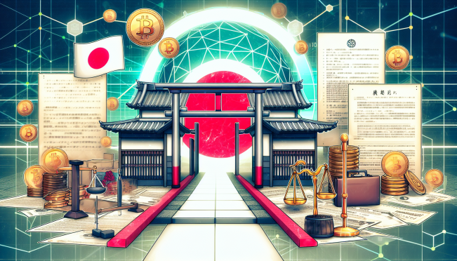 A visual representation of Gate.io's exit from Japan, featuring elements like the Gate.io logo, Japanese flag, and symbols of regulatory challenges (e.g., scales of justice, documents) with a backdrop of blockchain and cryptocurrency imagery.