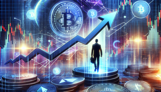 A dynamic and intriguing visualization of a small company's stock symbol (NILA) skyrocketing upwards against a backdrop of Bitcoin symbols, with a figure resembling a CEO stepping away, encapsulating themes of unexpected growth, digital currency, and corporate drama.