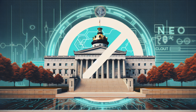 A visual representation of North Carolina's legislative building with a digital 'No Entry' sign over a symbol of digital currency, highlighting the state's resistance to CBDCs.