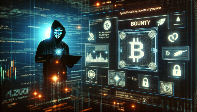 A tense and high-stakes scene featuring a digital bounty message on a blockchain interface, with images of cryptocurrency symbols and a hacker in the shadows. The background should show a mix of digital code and financial data charts, highlighting the urgency and drama of the situation.