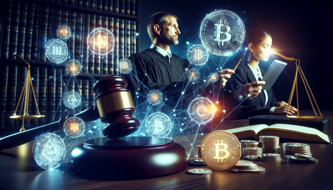 A courtroom scene with a judge's gavel, digital tokens, and a social media influencer, blending traditional legal imagery with modern cryptocurrency elements.