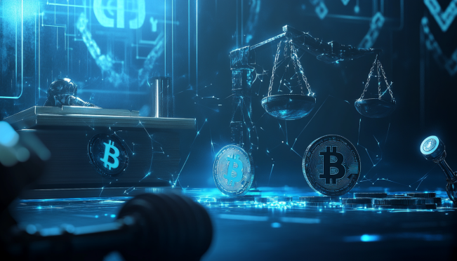 A digital courtroom scene with a judge granting a moratorium to a distressed crypto exchange represented by a digital wallet and blockchain symbols. Include elements of hacking, such as broken chains and a shadowy figure symbolizing the hacker.