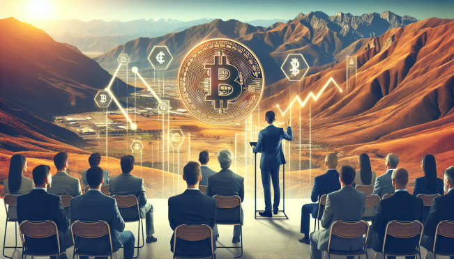 Arthur Hayes speaking at a conference, Federal Reserve Chair Jerome Powell in the background, Bitcoin symbols rising, Jackson Hole, Wyoming setting