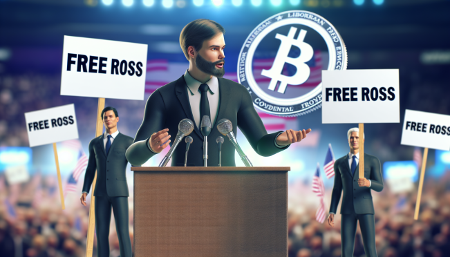 A dynamic scene featuring Donald Trump speaking at the Libertarian National Convention with 'Free Ross' signs in the background, alongside a visual representation of Bitcoin and Ross Ulbricht's image, capturing the essence of political promises and cryptocurrency.