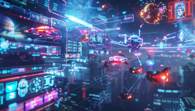 A futuristic scene showcasing the integration of gaming and AI, featuring digital nodes connecting various gaming platforms with a backdrop of popular NEOWIZ game titles.