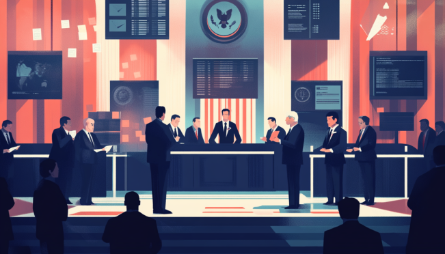 A dynamic and impactful image showing lawmakers in a serious discussion, with elements representing the US elections such as ballots and voting booths, juxtaposed with symbols of Wall Street and gambling to illustrate the issue of election betting.