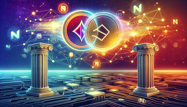 A vibrant illustration showing Uniswap and Robinhood logos coming together over a digital landscape, symbolizing their partnership. Include representations of cryptocurrencies transitioning smoothly between traditional and decentralized finance platforms.