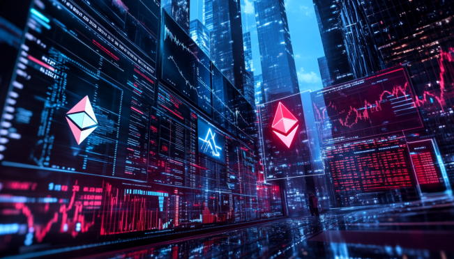 A dynamic and futuristic stock trading platform with digital screens showing Ethereum and Options trading, featuring logos of Grayscale, Bitwise, and the SEC, set against a backdrop of a modern cityscape.