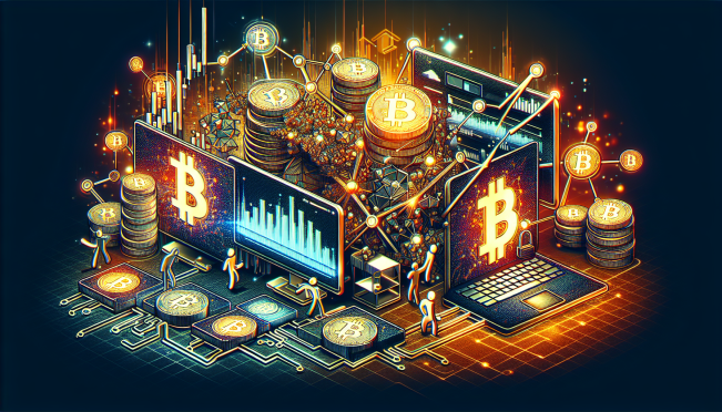 A visual representation of the Mt. Gox Bitcoin withdrawals, showcasing wallets, blockchain transactions, and market reactions with dramatic contrasts and vivid colors.