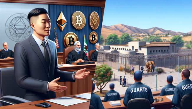 A courtroom scene with Changpeng Zhao, founder of Binance, addressing the judge. In the background, elements representing cryptocurrency such as Bitcoin and Ethereum symbols. Another scene shows a low-security federal prison in Lompoc, California.