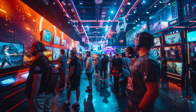 A vibrant and energetic gaming conference floor bustling with attendees exploring exhibits from Avalanche and Arbitrum showcasing Web3 games, with a futuristic backdrop highlighting AI and AR/VR technologies.