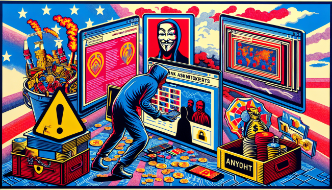 A visually captivating representation of a crypto scam involving art owners, featuring elements like a fake website, a Banksy print, and symbols of cybersecurity and theft.