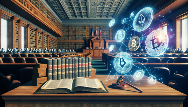 A dramatic courtroom scene featuring digital assets, juxtaposing cryptocurrency symbols with traditional legal imagery, capturing the tension between old tax policies and new digital economies.