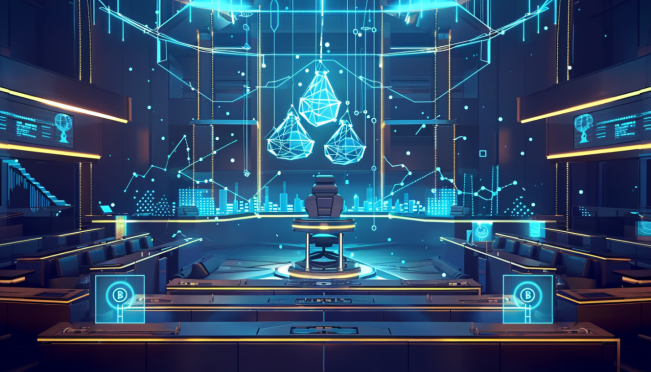 A futuristic courtroom scene with digital elements representing stablecoins and blockchain technology, symbolizing regulatory clarity and legal victory for cryptocurrencies.