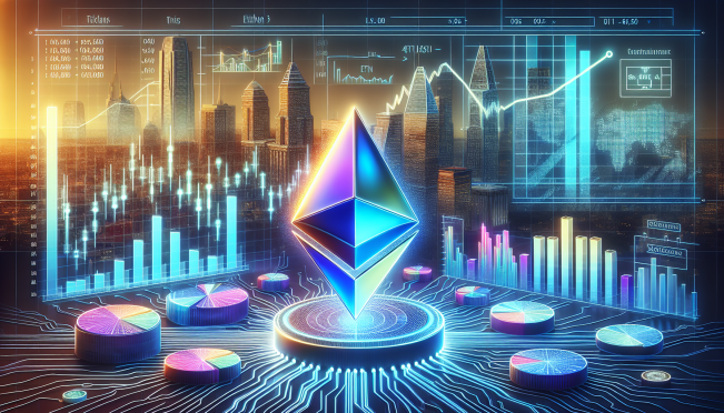 A visual representation of Ethereum with financial graphs and institutional buildings in the background, symbolizing the intersection of cryptocurrency and traditional finance.