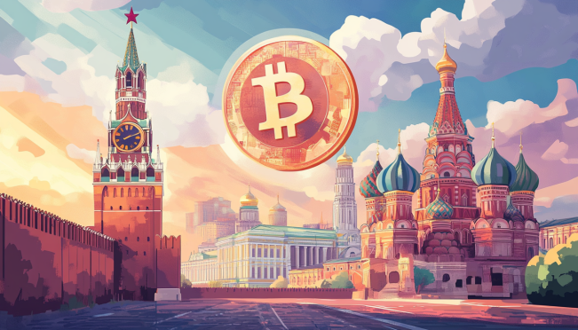 An illustration depicting Russia's crypto exchanges, one in Moscow and the other in St. Petersburg, with a BRICS stablecoin symbol, highlighting the collaboration among BRICS nations.