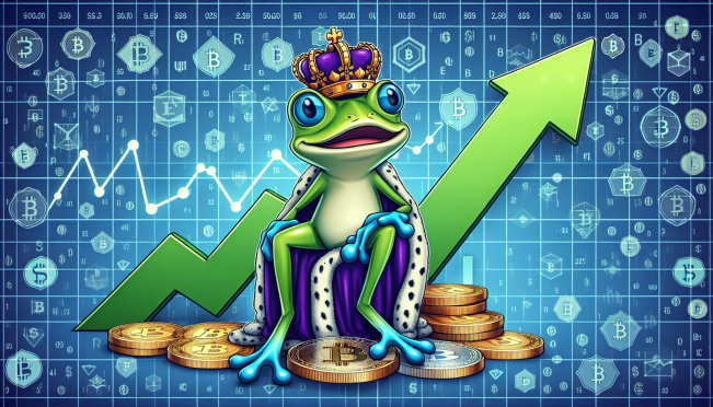 Illustration of a cartoon frog wearing a crown sitting atop a growing graph line, symbolizing the potential surge in Pepe Coin's value amidst a backdrop of digital currency symbols.