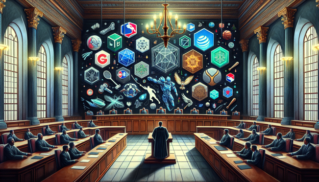 An intense courtroom scene featuring the logos of the NFLPA and DraftKings, with digital representations of NFTs and fantasy sports elements in the background. Include a judge symbolizing legal ambiguity around digital assets.