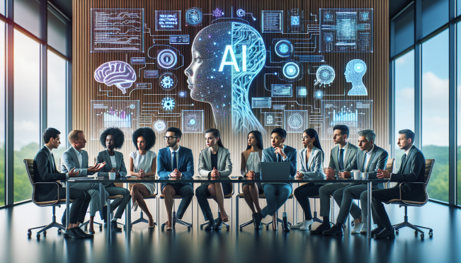 A diverse group of U.S. senators discussing AI legislation in a modern congressional setting, with visual elements representing AI technology and futuristic innovation.