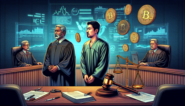 A courtroom scene with a judge sentencing a CEO for crypto fraud, with digital tokens and legal documents in the background, highlighting the tension between law and technology.