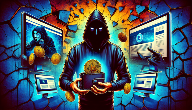 An illustration of a dark, shadowy figure holding a drained crypto wallet, with a backdrop of shattered computer screens displaying phishing websites. Vivid colors and a sense of closure, symbolizing the end of Pink Drainer's operations.