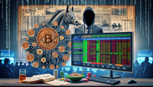 A mysterious figure surrounded by cryptographic symbols and Bitcoin imagery, a crowded betting board with fluctuating odds, and an HBO documentary film reel.