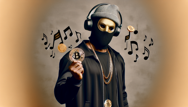 Ghostface Killah holding a golden Bitcoin with musical notes around it