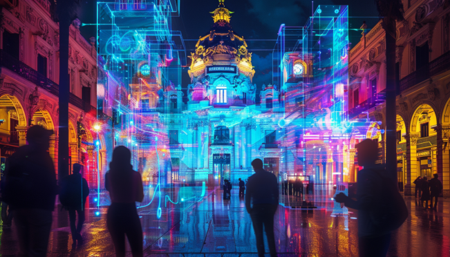 A vibrant conference scene in Madrid with a blend of traditional Spanish culture and futuristic digital elements, featuring blockchain symbols, AI icons, and art installations.