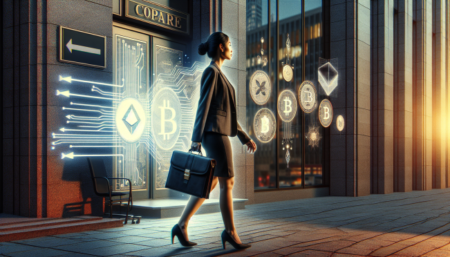 A professional leaving a corporate office, digital assets and crypto symbols in the background, showcasing a transition from traditional finance to the crypto industry.