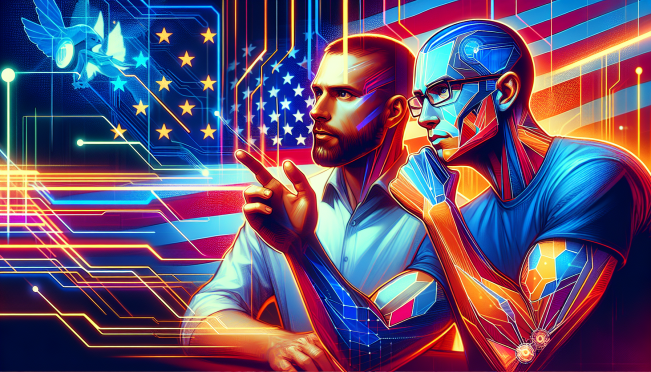 An engaging and dynamic image featuring Marc Andreessen and Ben Horowitz in a tech-driven environment, with elements of cryptocurrency and artificial intelligence visually represented. Include an American flag subtly in the background to hint at the political context.