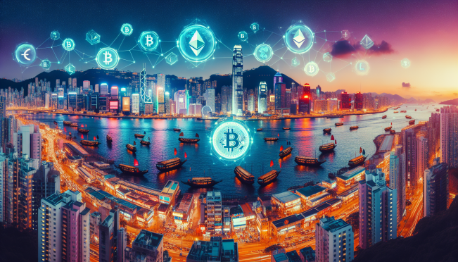 A vibrant cityscape of Hong Kong with digital cryptocurrency symbols floating around, showcasing a fusion of traditional finance and modern virtual assets.