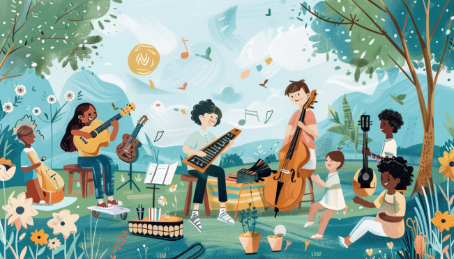 A heartwarming illustration of children from diverse backgrounds coming together at a retreat, with symbols of healing and growth like art supplies, musical instruments, and nature. The background shows a peaceful and serene landscape, symbolizing hope and recovery.