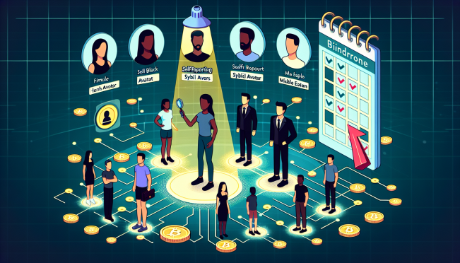 An illustration of a diverse group of digital avatars representing blockchain users, with some avatars stepping forward under a spotlight to symbolize self-reporting sybil users, amidst a backdrop of digital tokens symbolizing airdrops and a calendar marking the deadline.