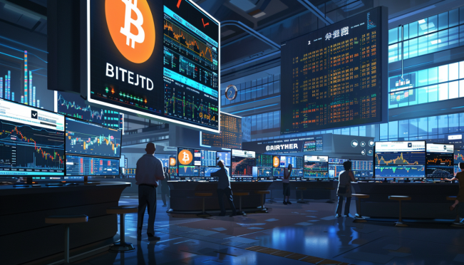 A dynamic trading floor with monitors displaying the Reddit logo and Bitcoin ETF symbols. The scene includes a diverse group of focused traders, Cathie Wood's portrait on a large screen, and graphs showing stock price movements.