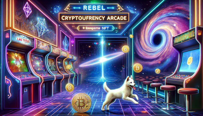 An engaging and colorful image of a futuristic arcade with digital elements, showcasing Rebel Satoshi Arcade, NFTs, and memecoins. Include elements that represent Wormhole and FLOKI for broader context.