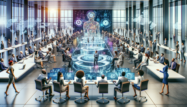 A dynamic and engaging image showcasing a diverse group of banking and finance professionals gathered in a modern conference hall in Addis Ababa, Ethiopia, with digital screens displaying futuristic banking technologies and interactive sessions on AI, ML, and financial inclusivity.