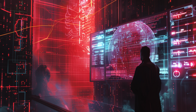 A dramatic scene of a digital heist with a figure representing a former employee manipulating a blockchain interface, with Solana tokens and bonding curves in the background.