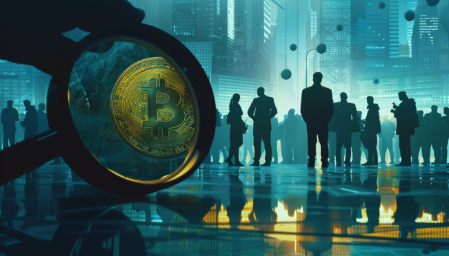 A dramatic depiction of a cryptocurrency token under a magnifying glass, with shadowy figures in the background representing insiders and venture capitalists, set against the backdrop of a bustling crypto exchange.