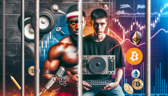 A split image showing Sean 'Diddy' Combs and Sam Bankman-Fried in a prison-like environment, with elements representing hip-hop culture on one side and cryptocurrency symbols on the other.