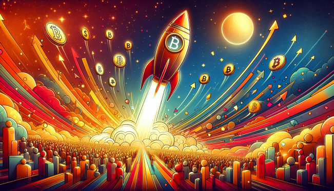 A vibrant, dynamic image showcasing a rocket representing BlastUP taking off amidst other cryptocurrencies. Include visual elements that suggest growth, optimism, and a bustling crypto market.